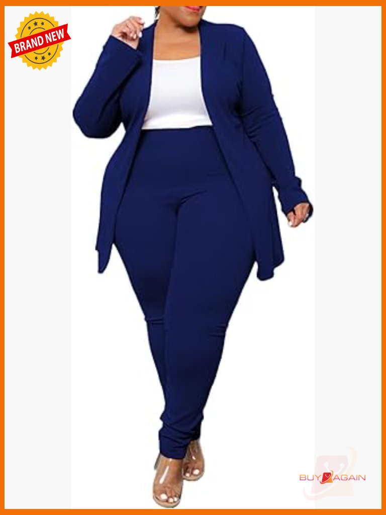 Plus Size Two Piece Blazer And Pant Set - Open Front, Long Sleeve, Pencil Pant
